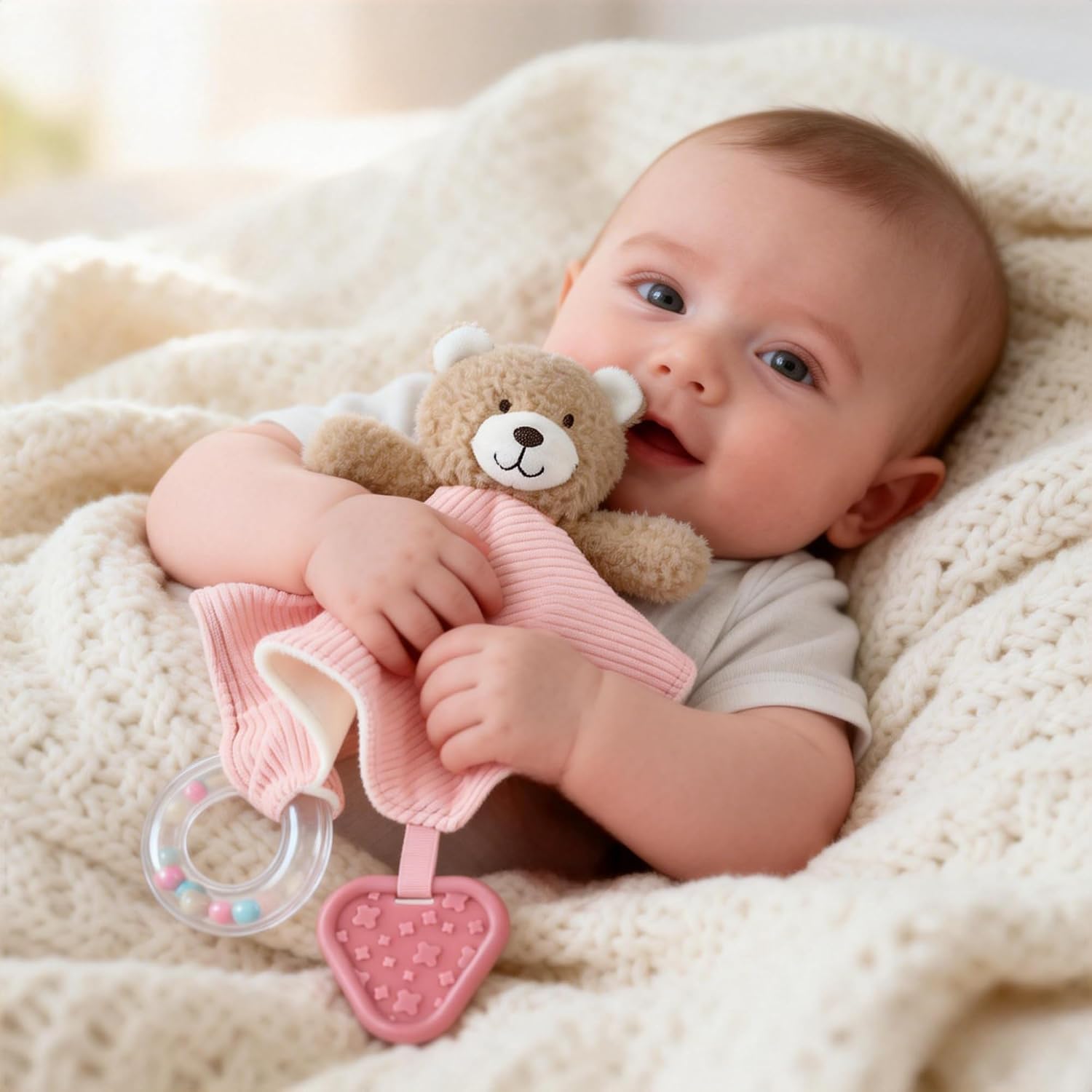 CREVENT 3-in-1 Baby Cuddle Blanket with Teether & Rattle | Plush Buyable Animal Head Safety Blanket Birthday Gift - Pink Bear – Bild 3