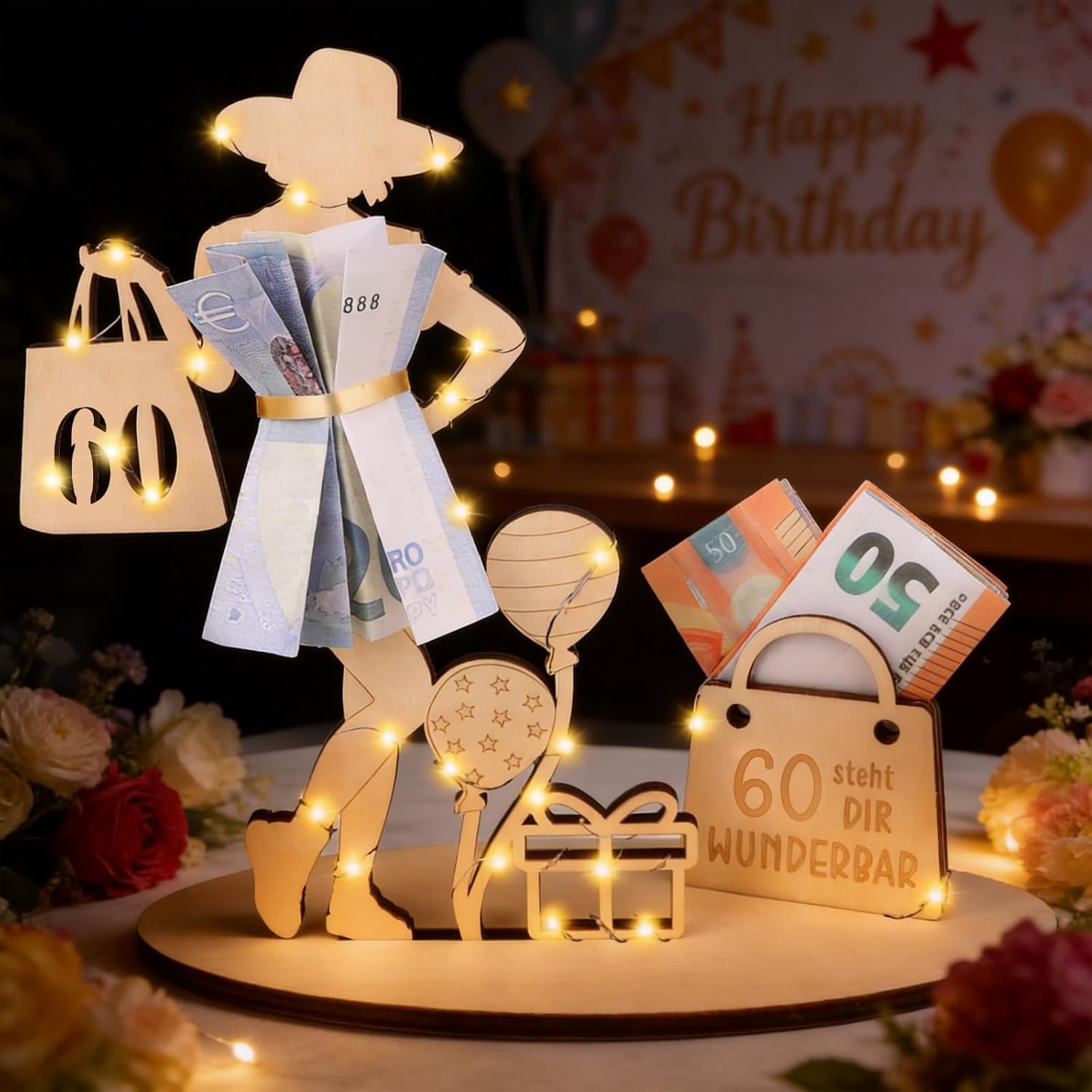 Money Gifts Birthday 60th Birthday Woman with LED Fairy Lights Stand, Wooden Sign Guest Book, 60th Birthday Woman Decoration, Personalised Gift, Wedding Table Decoration Anniversary – Bild 7
