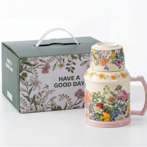 OHAANYY Vintage Ceramic Teapot with Cup Lid and Saucer, 650 ml Flowers