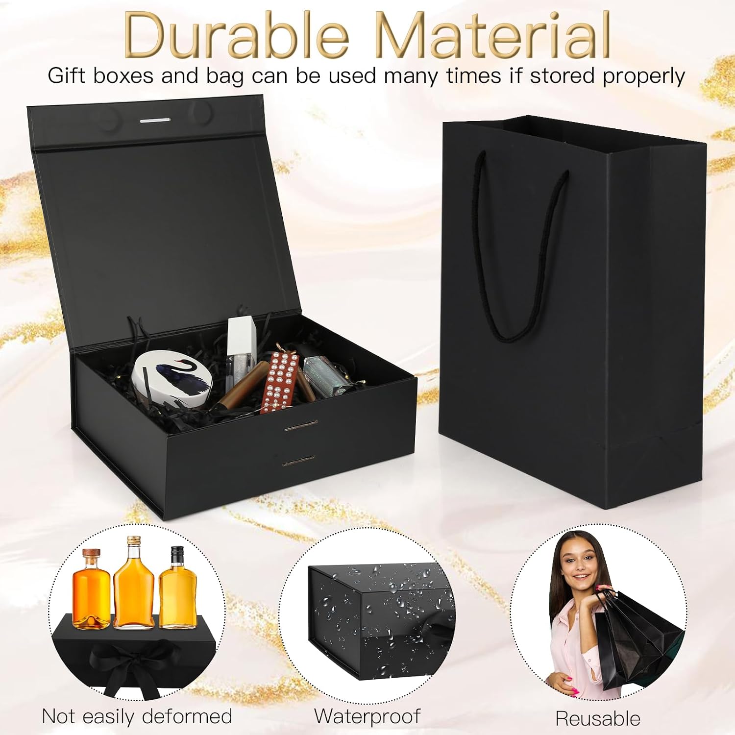 Gift Box with Magnetic Lid, 23 x 17 x 7 cm, Black, Birthday Gift Box with Carry Bag, Greeting Card, Fairy Lights, Raffia, Ribbon, Gift Box for Birthday, Valentine's Day – Bild 3