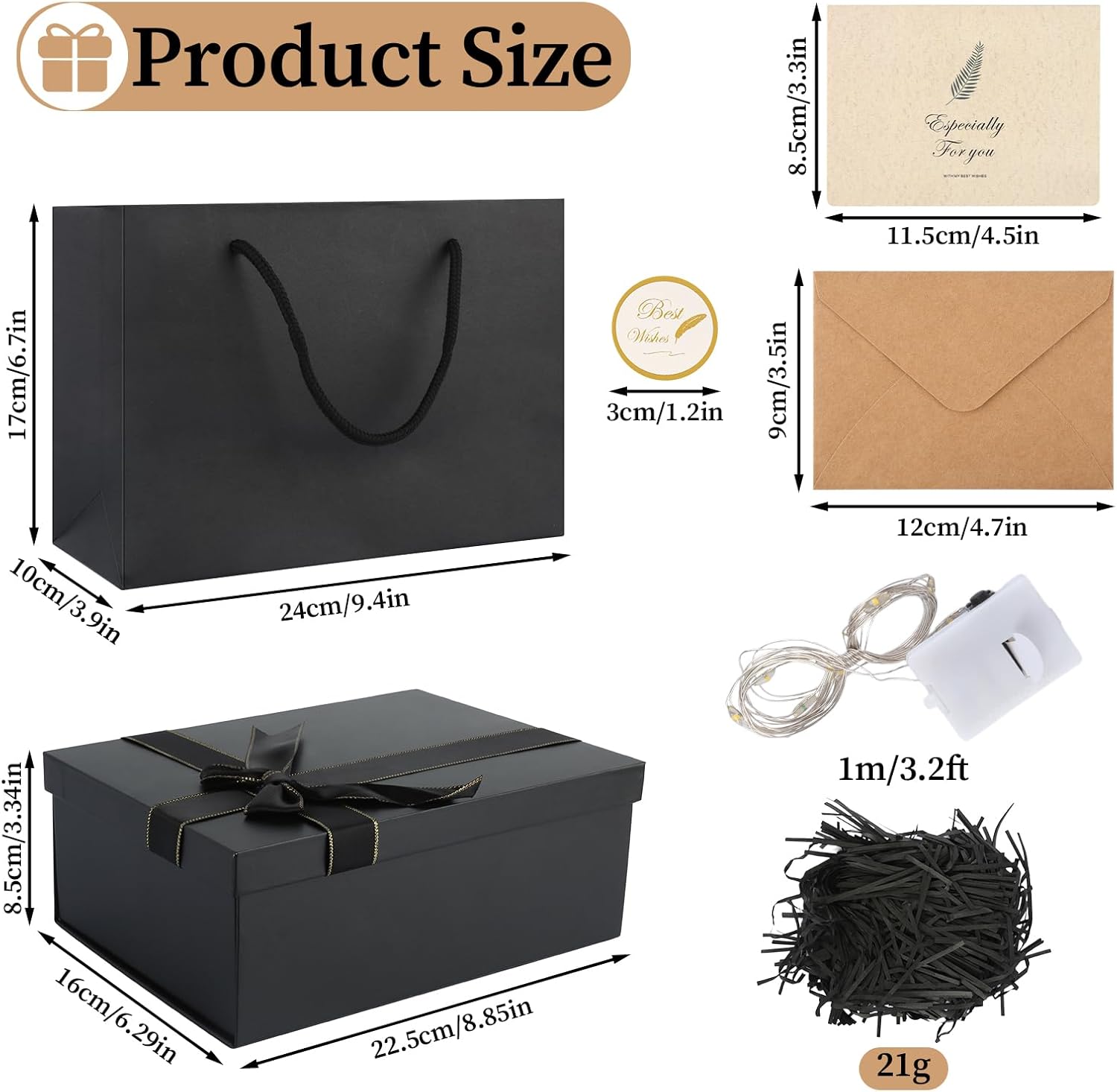 Gift Box with Lid, 22.5 x 16 x 8.5 cm, Black Gift Box, Birthday, Gift Packaging with Greeting Card, Fairy Lights, Raffia and Carry Bag, Gift Box for Wedding, Birthday – Bild 2