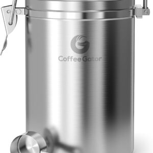 Coffee Gator Stainless Steel Coffee Canister - Keeps Ground Coffee and Beans Fresh Longer - Container with Date Tracking, CO2 Release Valve and Measuring Spoons (Large, Grey), Stainless steel