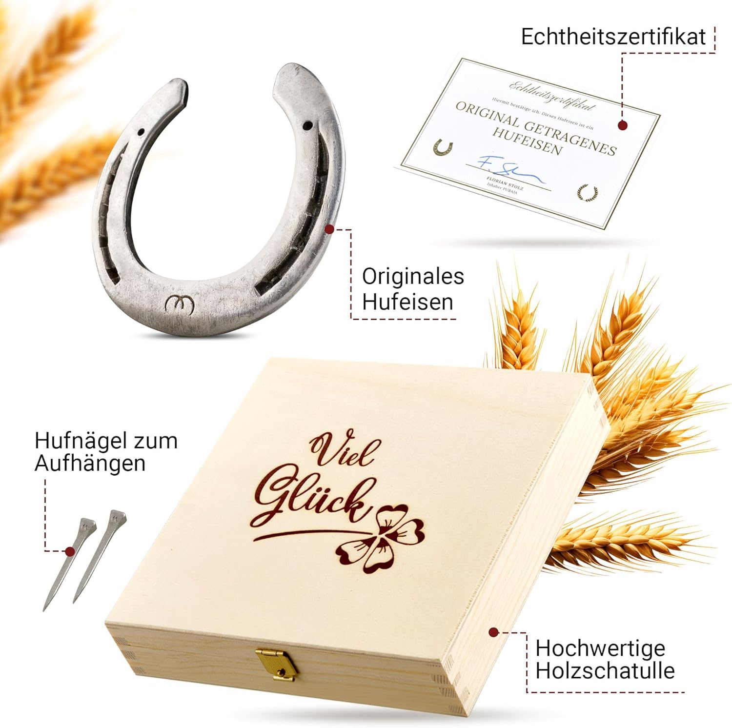 Horseshoe Gift in Wooden Box, Real Worn Horseshoe, Lucky Charm for Birthday, Housewarming, Topping Party, Wedding, Christening or Birth Includes Certificate of Authenticity – Bild 5