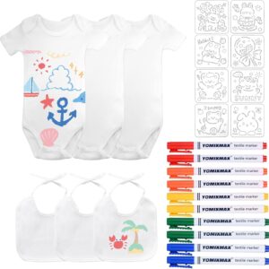 KingYH Bibs for Painting and Bodysuits for Painting, Cotton DIY Baby Bib Set with Textile Pens and Painting Stencils for Boys Girls Baby Shower, White