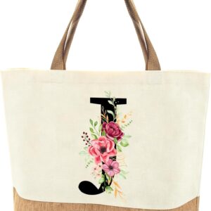 Personalised Initials Jute Bag for Women, Large Beach Bag with Letter and Flowers, Jute Shopper Bag, Women’s Fabric Bag, Gifts for Women, Mum, Colleague, Girlfriend for Birthday, Wedding