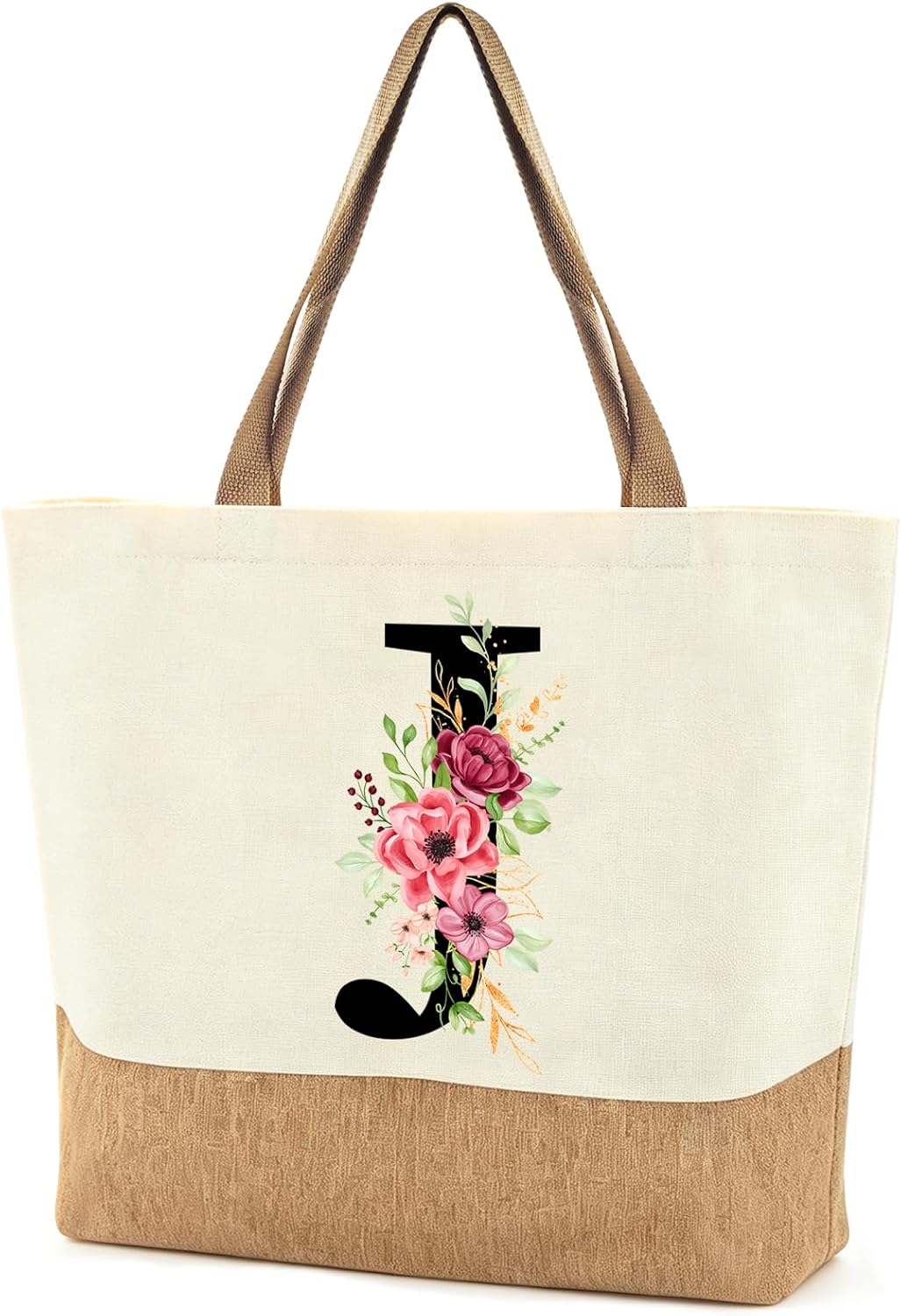 Personalised Initials Jute Bag for Women, Large Beach Bag with Letter and Flowers, Jute Shopper Bag, Women's Fabric Bag, Gifts for Women, Mum, Colleague, Girlfriend for Birthday, Wedding