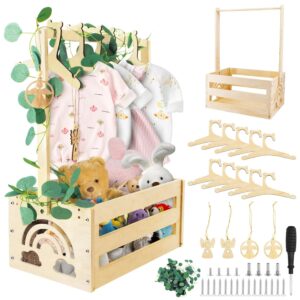 ZOCONE Baby Gift Basket Personalised Wooden Box Baby Shower Gift Wooden Baby Basket with Handle Hanger Decorative Leaves and Angel Day 23 x 34 x 50 cm Practical Wooden Basket Gift for Baby Shower