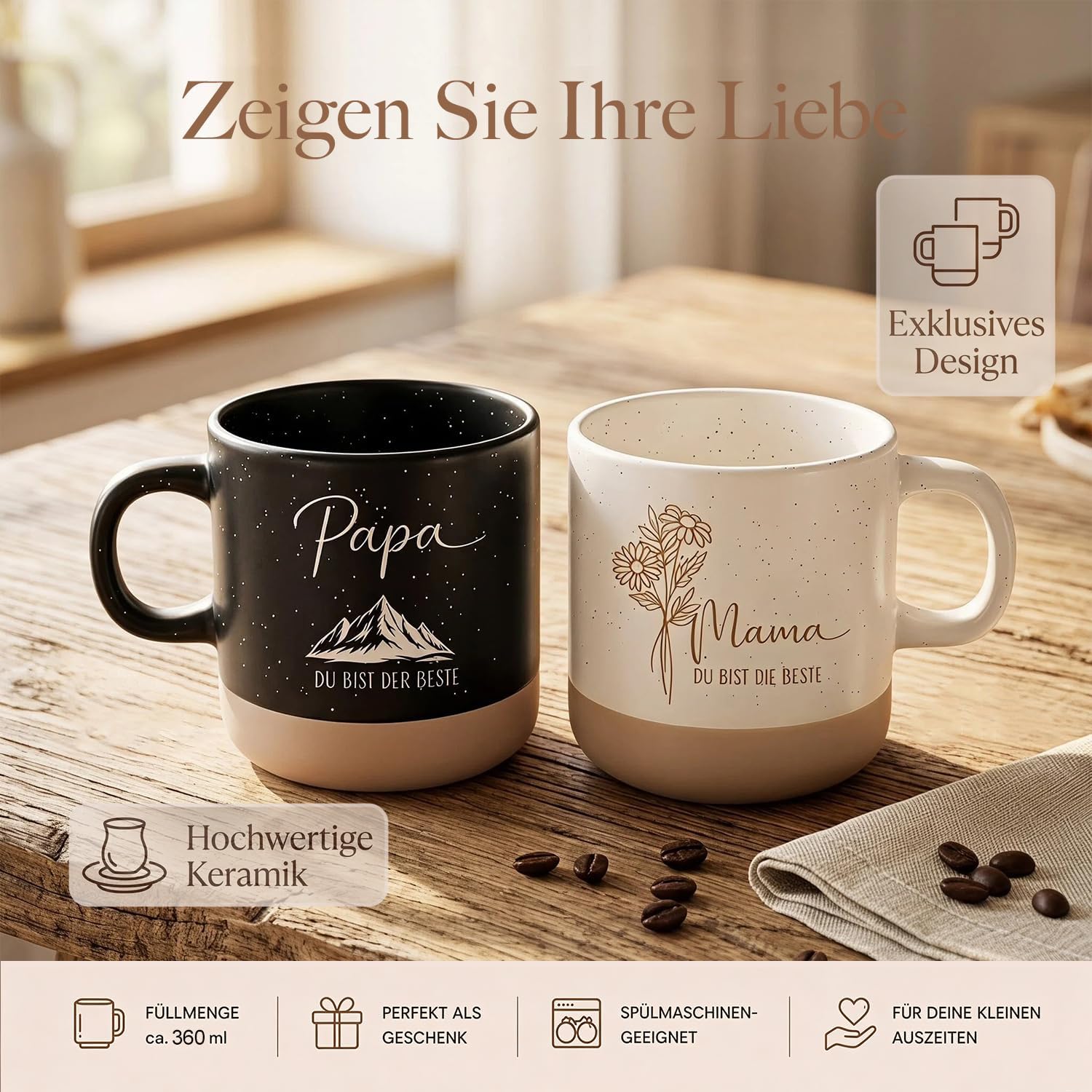 Mama & Dad Coffee Cups Set, Black and White Pair of Mugs, Gifts for Shwangership, Announcement, Baby Shower, Valentine's Day, Anniversary, Expectant Parents, 360 ml, Women & Men, Ceramic – Bild 3