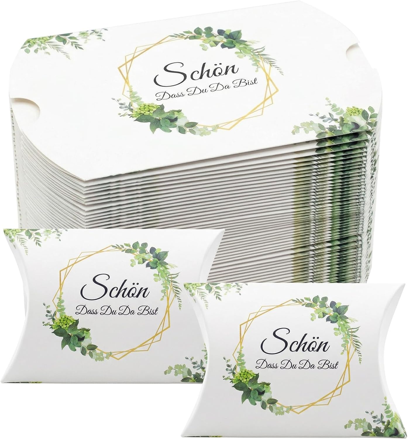 Pack of 50 Wedding Favour Cushion Boxes with German Text "Schön Dass Du Da Bist", Cardboard Gift Box for Sweets, Wedding Table Gifts, Christening Gifts and Communion