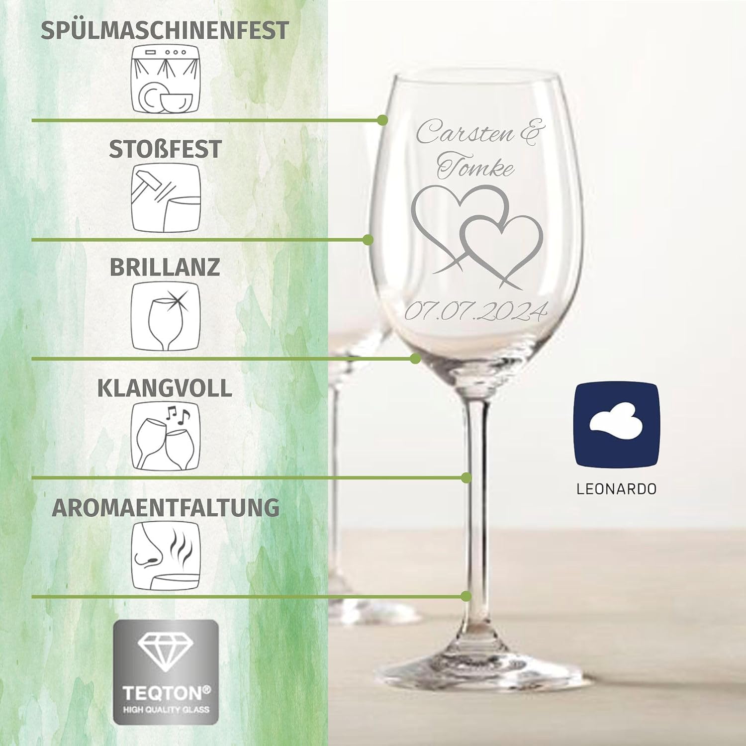 laser-diele Leonardo Wine Glasses with Engraving - Two Hearts - Personalised with Name and Date - Wedding Gift for the Bride and Groom - 460 ml Red Wine – Bild 2