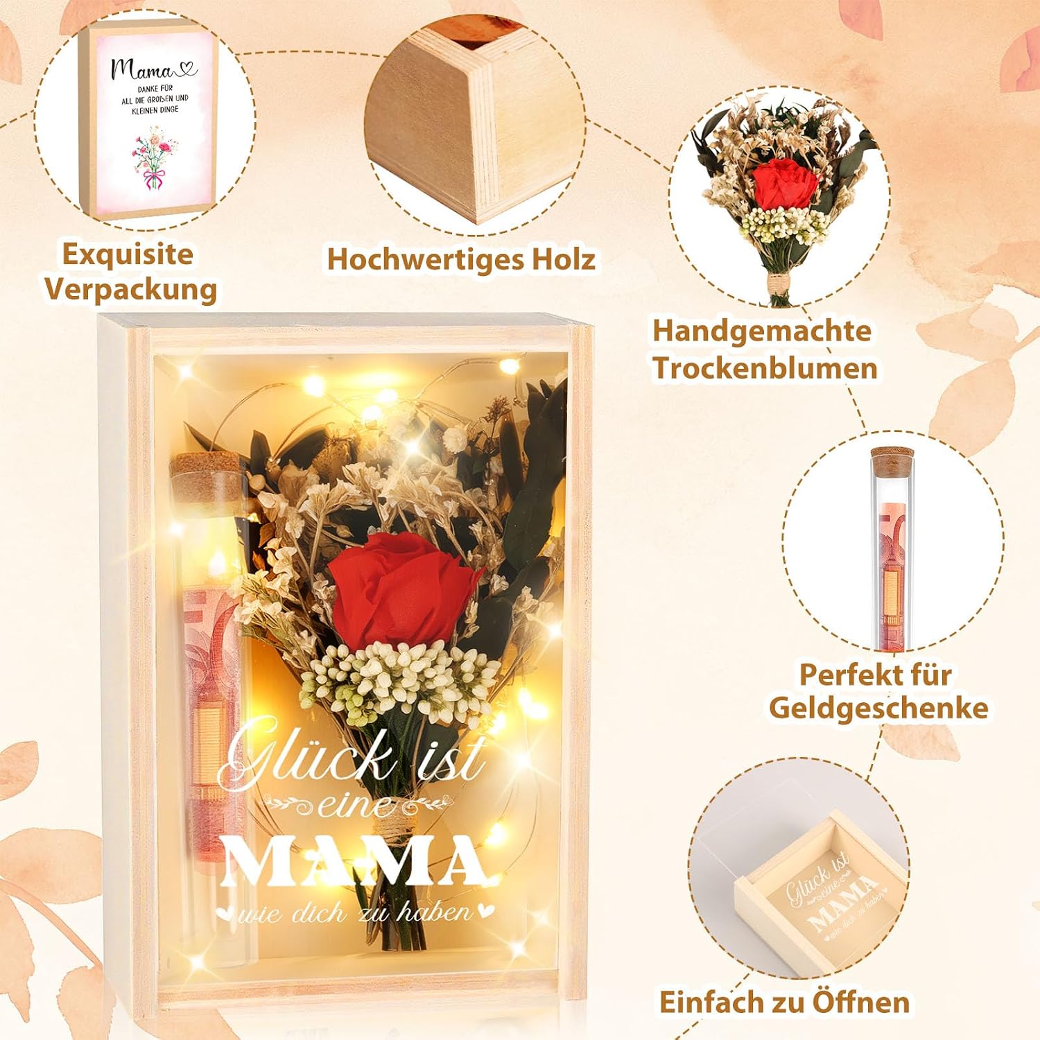 TUZELIYA Mum Gift Box, LED Fairy Lights, Test Tube, Birthday Gift for Mothers, Money Gift, Wooden Box with Engraving Glück ist elne Mama wo dich zu haber, Thank You Gift, Mother's Day – Bild 4