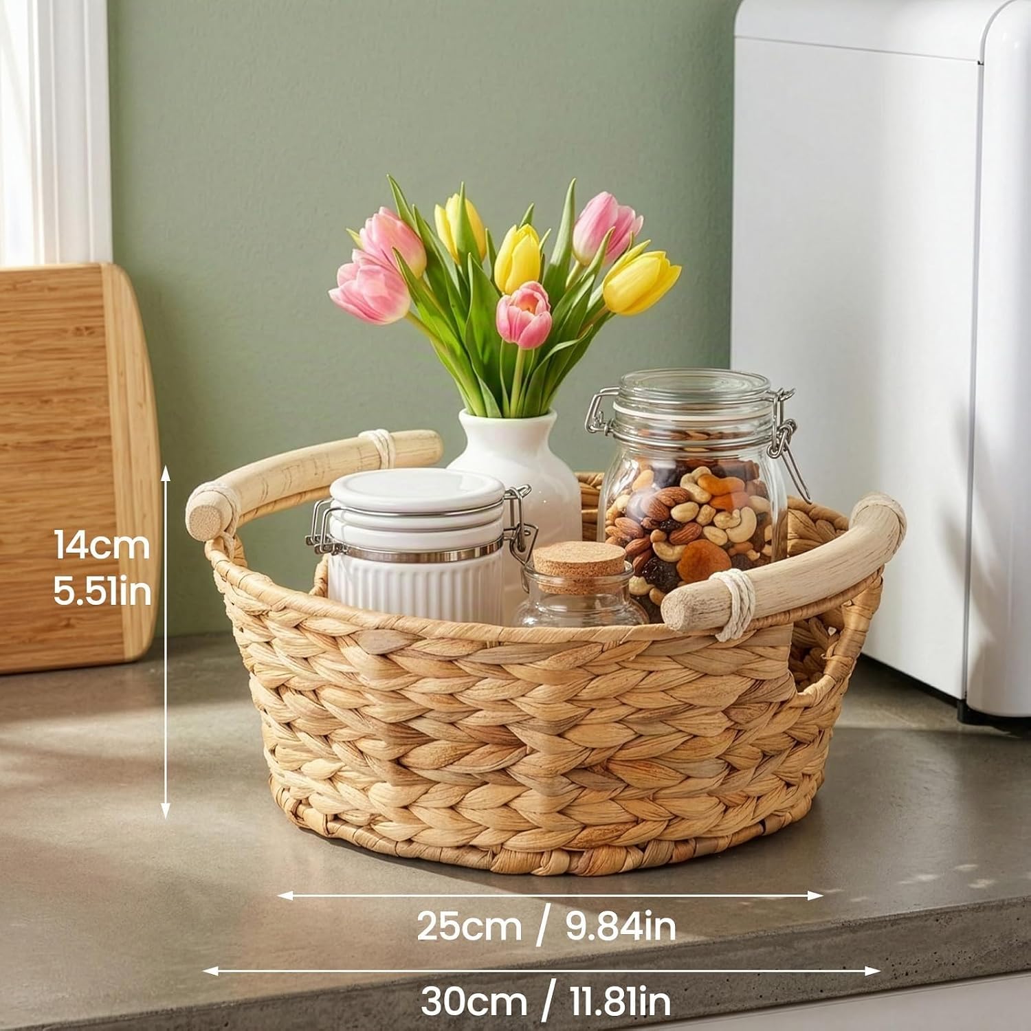 Braided Gift Basket, Empty, Round Storage Basket Made of Water Hyacinth with Wooden Handles, Gift Basket for Filling, Wicker Basket for Gifts & Decoration, 31.2 x 29.8 x 13.8 cm – Bild 5