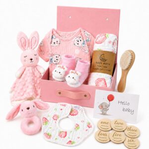 Newborn Gift – 15 Piece Baby Gift Set Includes Baby Blanket, Romper, Teething Cloth, Wooden Brush, Milestone Cards, Bib, Socks and a Keepsake Box (Pink)