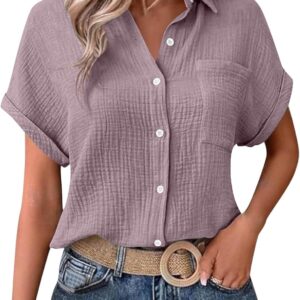 Generisch Muslin Blouse Women’s Casual Short Sleeve Shirt Blouse with Button Placket Loose Top Elegant Cotton Blouse Shirt with Pocket