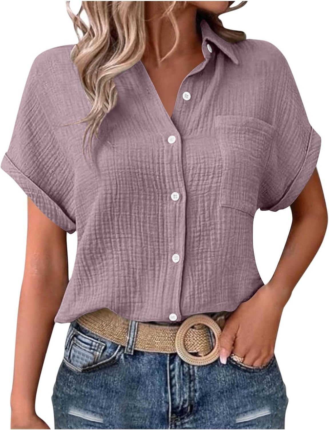 Generisch Muslin Blouse Women's Casual Short Sleeve Shirt Blouse with Button Placket Loose Top Elegant Cotton Blouse Shirt with Pocket