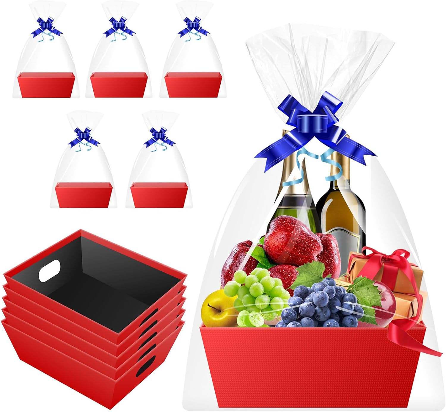 Empty Gift Basket, Set of 5, Red, Gift Basket for Filling Made of Sturdy Cardboard with Handles, Large Gift Baskets, Empty for Christmas, Birthday, Wedding, Company Presents & Gift Packaging