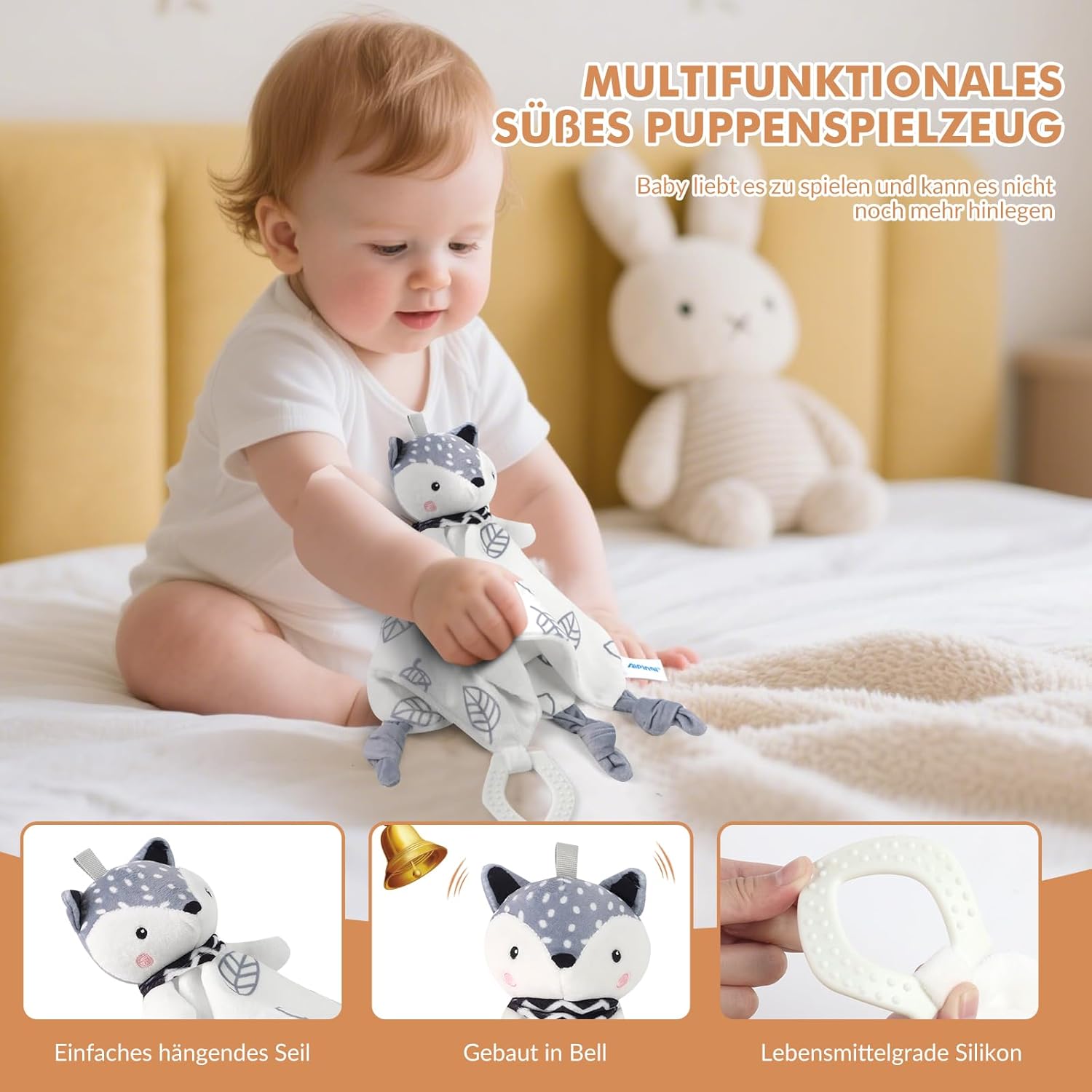 Newborn Gift, 7-in-1 Baby Gift Set for Boys and Girls: Baby Blanket, Comforter, Wooden Rattle with Elephant, Bib, Socks in Gift Box, Baby Birth Gift, Baby Shower Idea Beige – Bild 7