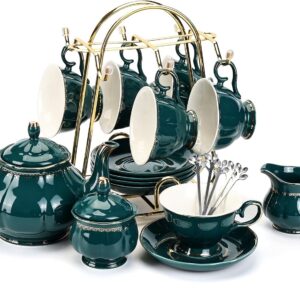 Tea Set 22 Pieces Porcelain Ceramic Coffee Tea Gift Sets Cups Saucer Service for 6 Teapots Sugar Bowl Jug and Teaspoon Porcelain Tea Set for Mother’s Day (No Cup Hooks)
