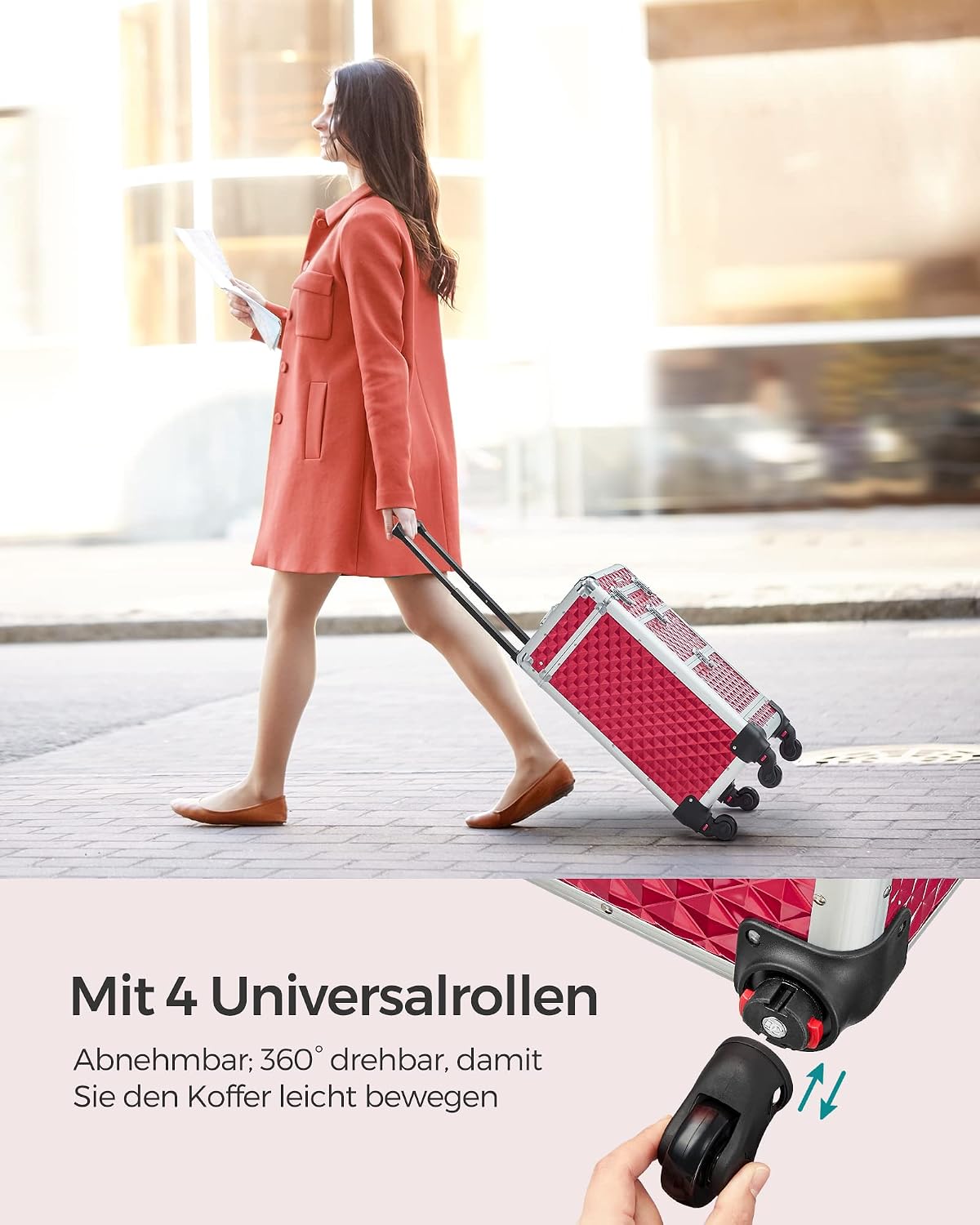 Songmics Make-Up Trolley, Cosmetic Case, Make-up case, Hairdresser’s Case, with 4 Removable, Universal Wheels, Top with 3 levels, Drawers with Slide Rails, Professional, for Travel Red – Bild 8