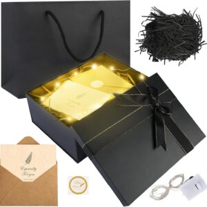 Gift Box with Lid, 22.5 x 16 x 8.5 cm, Black Gift Box, Birthday, Gift Packaging with Greeting Card, Fairy Lights, Raffia and Carry Bag, Gift Box for Wedding, Birthday