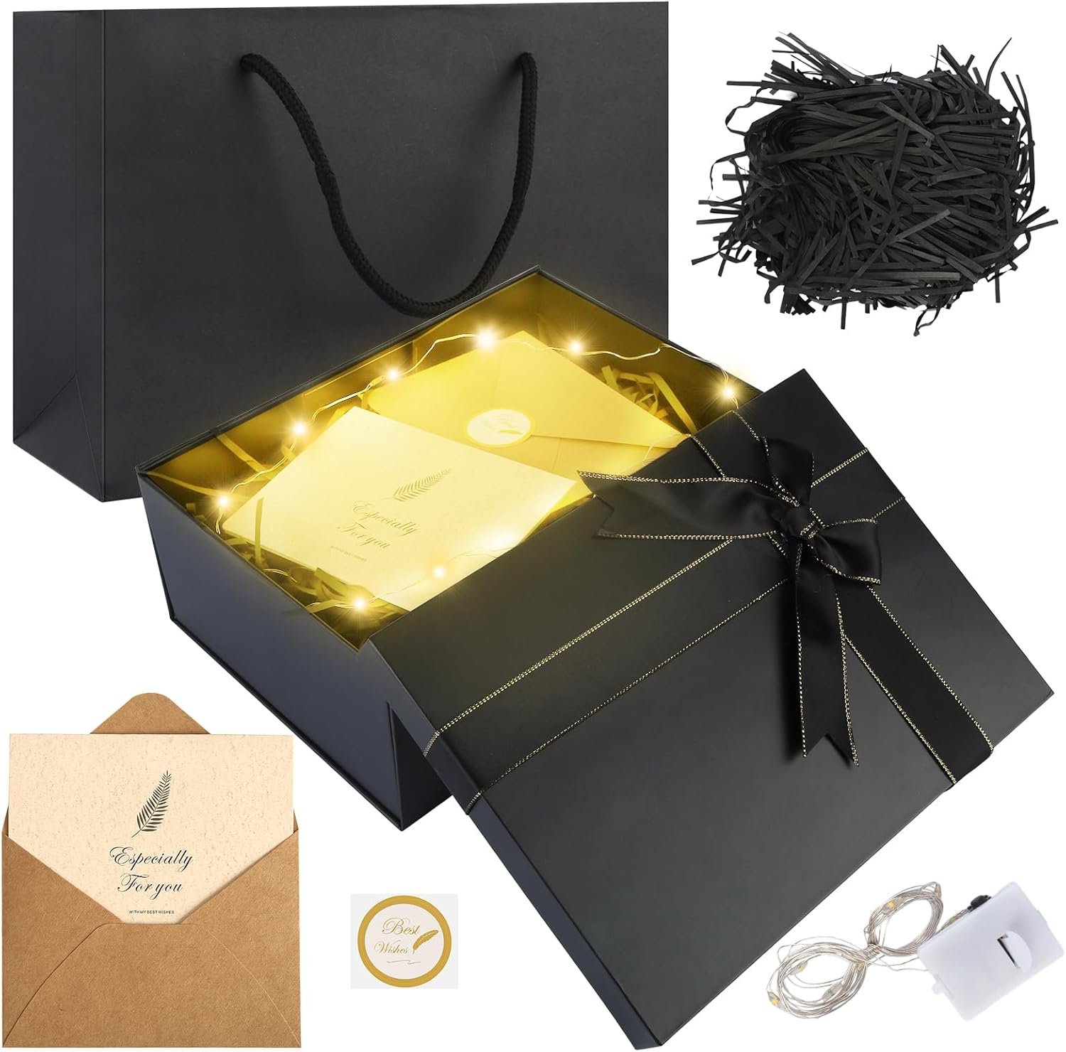 Gift Box with Lid, 22.5 x 16 x 8.5 cm, Black Gift Box, Birthday, Gift Packaging with Greeting Card, Fairy Lights, Raffia and Carry Bag, Gift Box for Wedding, Birthday