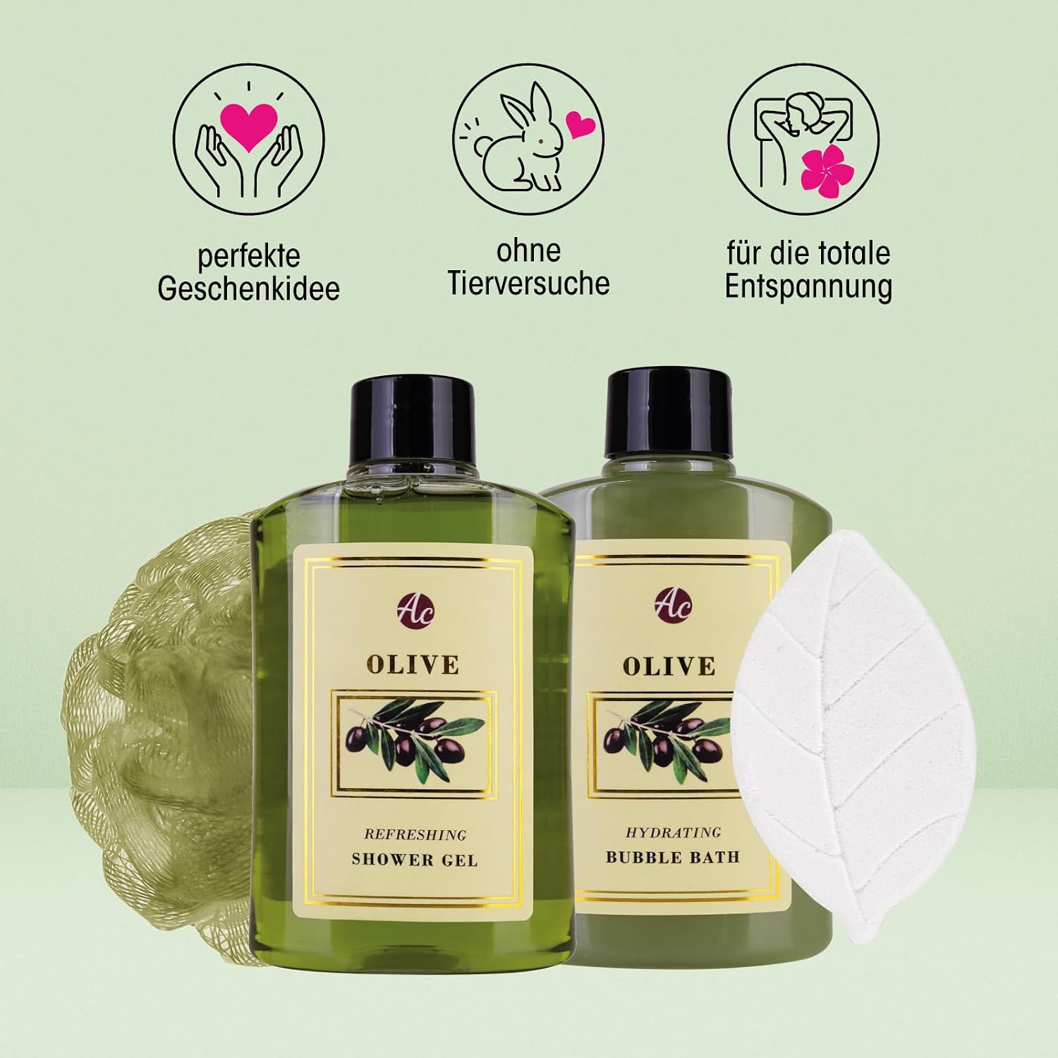 Accentra - Bath Set Gift Set for Women Olive in Seagrass Baskets, Shower Set Gift with Shower Gel, Bubble Bath, Bath Bomb and Mesh Sponge, 4-Piece Wellness Set for Women and Girls – Bild 3