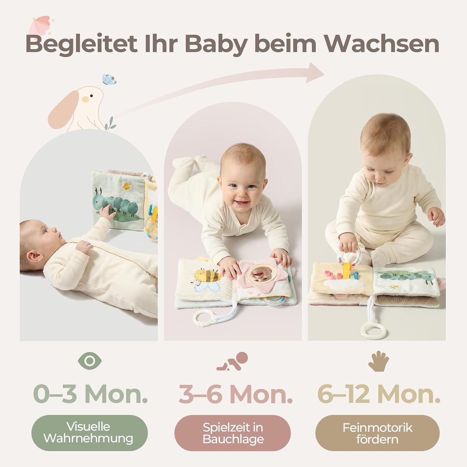 let's make Baby Sensory Fabric Book Baby Toy from 0 3 6 12 Months - Interactive Feel Book Crinkle Book with Mirror Rattle, Pram Toy Baby Gift Boy Girl (Rabbit Fabric Book) – Bild 5