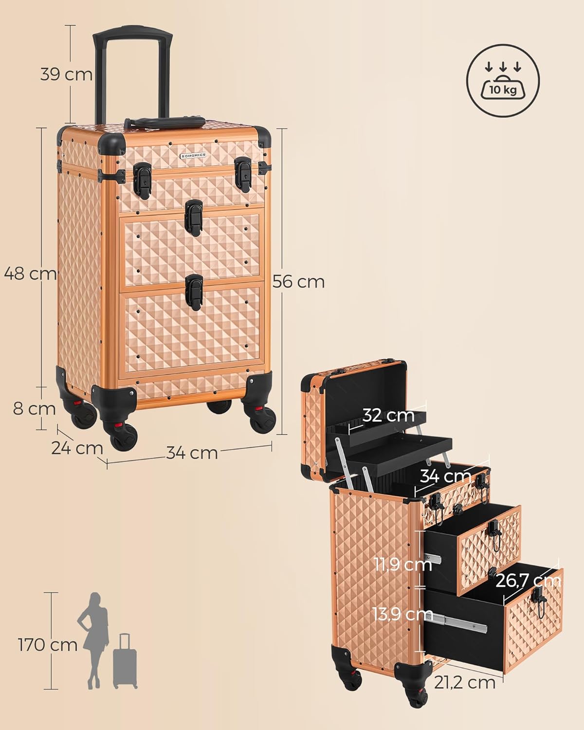 SONGMICS Lockable Cosmetic Case Trolley 34 x 24 x 56 cm – Bild 5