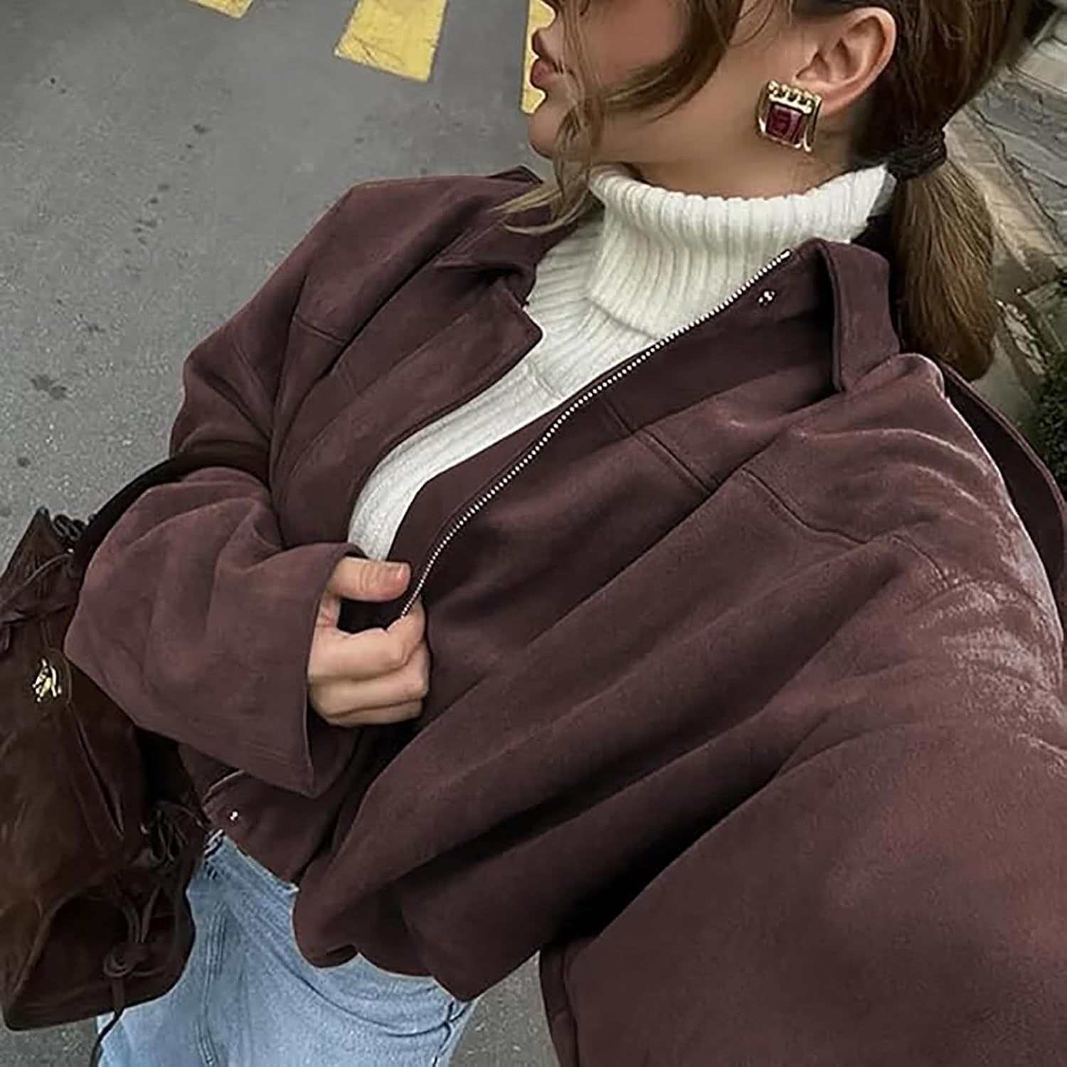 Vinuwu Bomber Jacket Women's Suede Jacket Short Transition Jacket Bomber – Bild 5