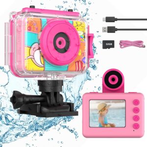 Ushining Kids Camera Waterproof 1080P Underwater Video Camera Kids Digital Selfie Camera with Display 2.0 Inch TF Card 32GB Gift for Girls Boys 3-12 Years Pink