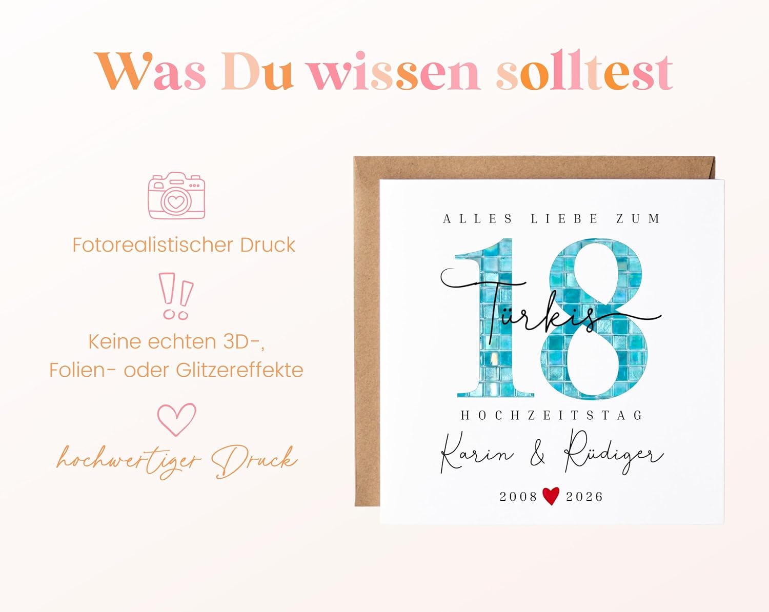18th Wedding Anniversary Gift Turquoise Wedding Card Premium Congratulations Card Turquoise Wedding Folding Card for 18th Anniversary Personalised with Name Wedding Anniversary – Bild 3