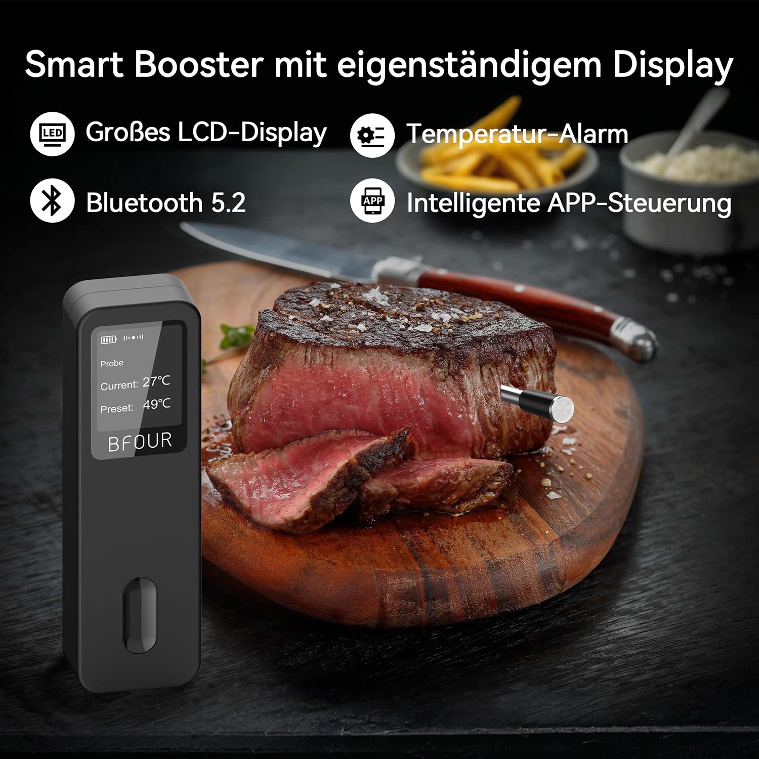 BFOUR BF-30 PRO Meat Thermometer Wireless Bluetooth Grill Thermometer with App Connection, LCD Display, IP67 Waterproof, Roasting Thermometer for BBQ, Oven, Grill, Kitchen – Bild 2