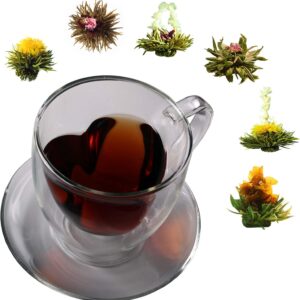 Double-walled tea glasses (1 x 350 ml) including 6 x tea (black, green, white), tea flowers gift set, tea gift: double-walled glasses + blossomed tea, thermal glasses, double walled, tea gift