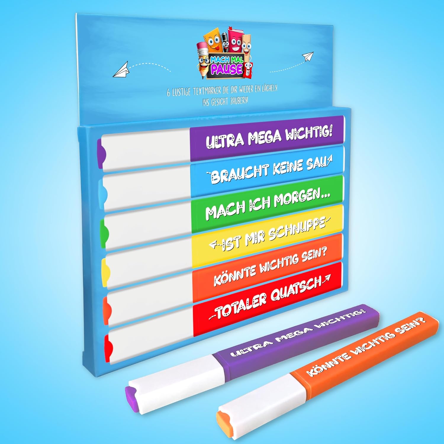 MACH MAL PAUSE® 6 x Funny Highlighters - Colourful Marker Set with Sayings - Gift for Students Students Children Teachers Colleagues Boss - Funny Highlighter Anti-Stress Pens for School University Office – Bild 5