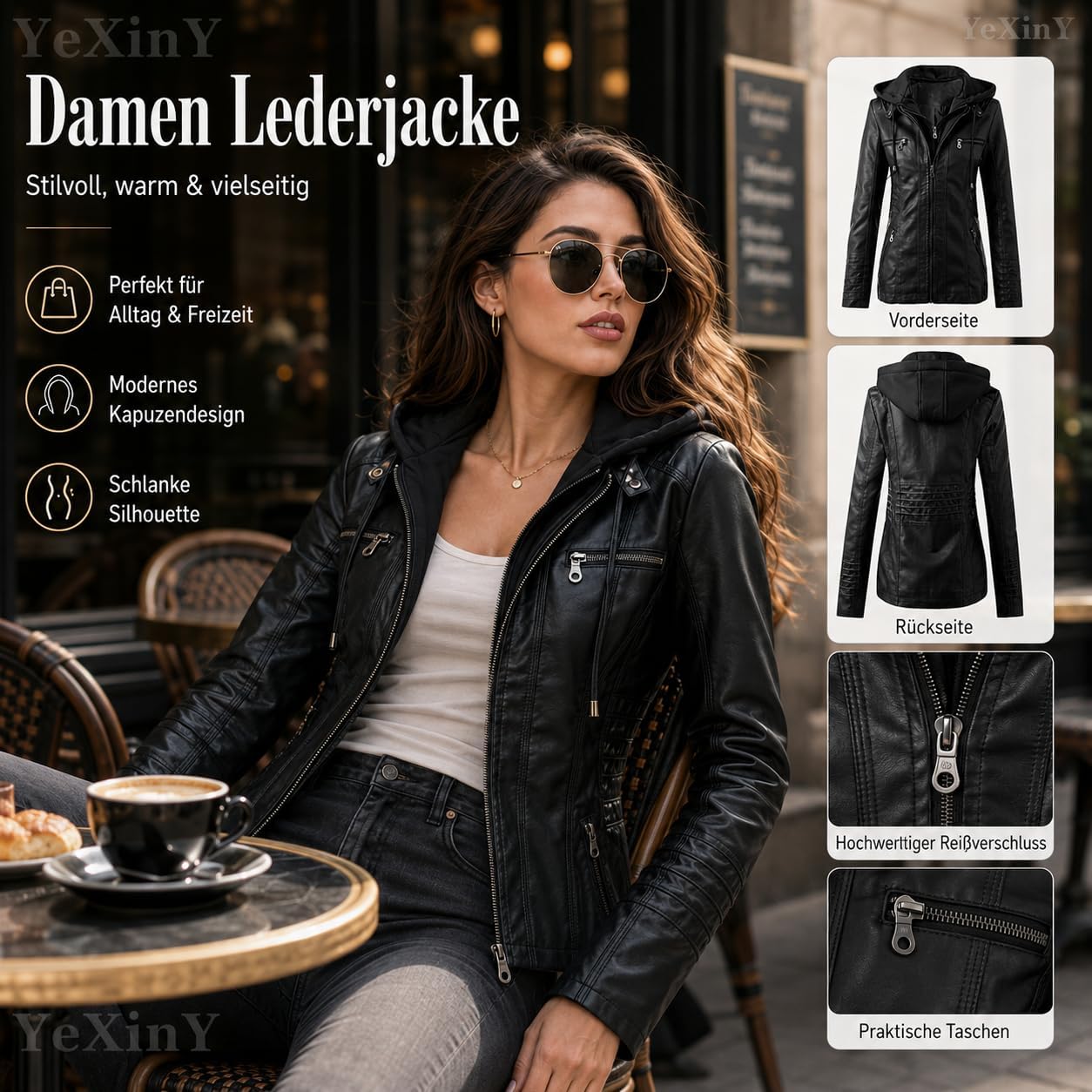 Generisch Leather Jacket Women's Faux Leather Jacket Women's Leather Jacket with Hood, Long Sleeve Hooded Jacket Motorcycle Jacket Slim Fit Hoodie Coat Zip Streetwear Women Transition Jacket – Bild 4