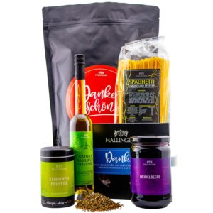 Hallingers Genuss Manufaktur Delicatessen Thank You Gift Set – XXL Wonder Bag „Thank You“ Large Gift Chocolate, Spaghetti, Pepper, Olive Oil & Jam, Gift Idea for Men and Women