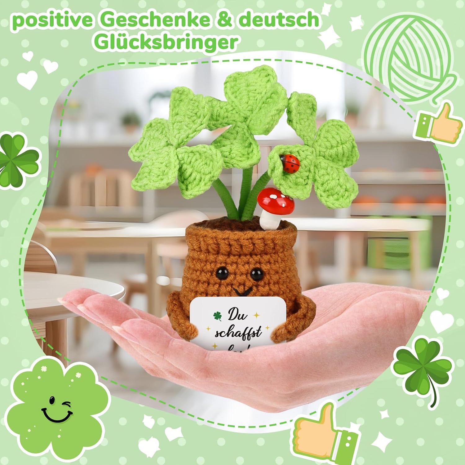 WenmthG Small Lucky Charm Knitted Four Leaf Clover Encouragement Gifts, Thank You Gifts, Positive Potato, German Replacement – Bild 3