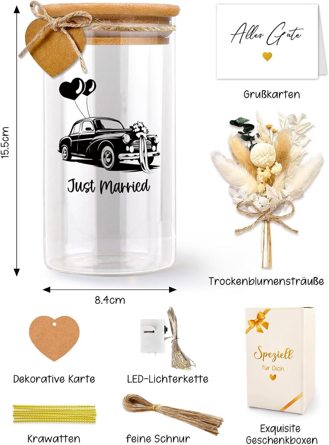 Money Gift Wedding Packaging, Wedding Car Glass Bottle with LED Fairy Lights & Dried Flowers, Wedding Gifts for Bride and Groom, Personalised Wedding Gift Packaging Wedding – Bild 2