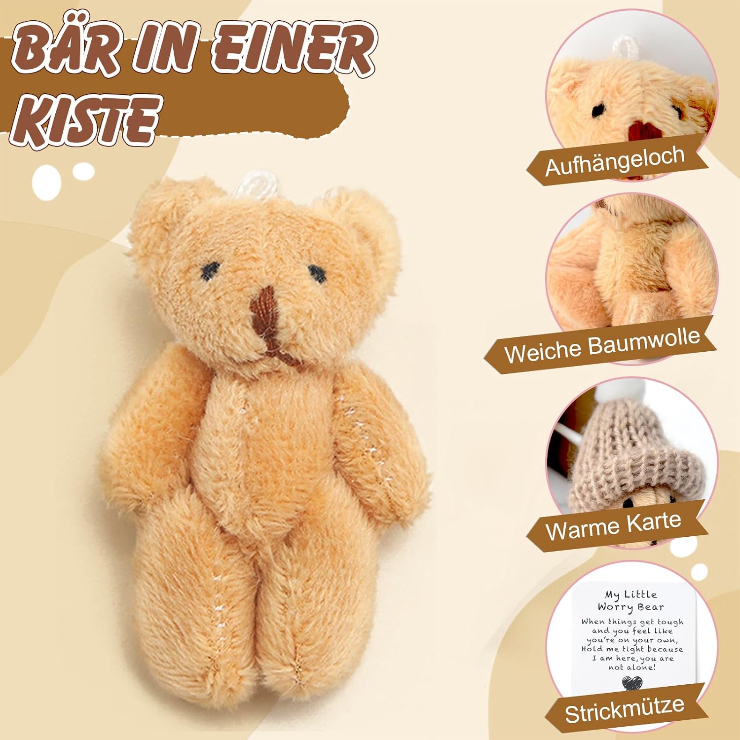Teddy Bear Small Pocket Hug German Mini Stuffed Toys Small Teddy with Card Gift Box Small Positive Gifts for Birthday Christmas Party Delivery Colleagues Girlfriend Gift (Brown) – Bild 2
