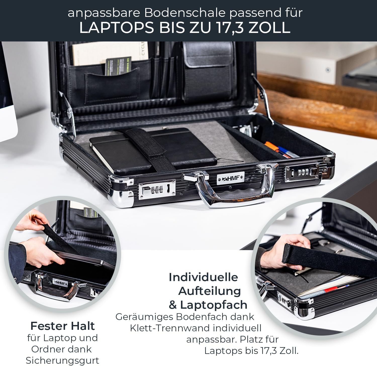 HMF Aluminium Briefcase for Laptops up to 17.3 Inches, Men's Business Case with Combination Lock, Padded Laptop Compartment and Organiser in Lid, 45 x 33 x 11 cm, Black – Bild 6