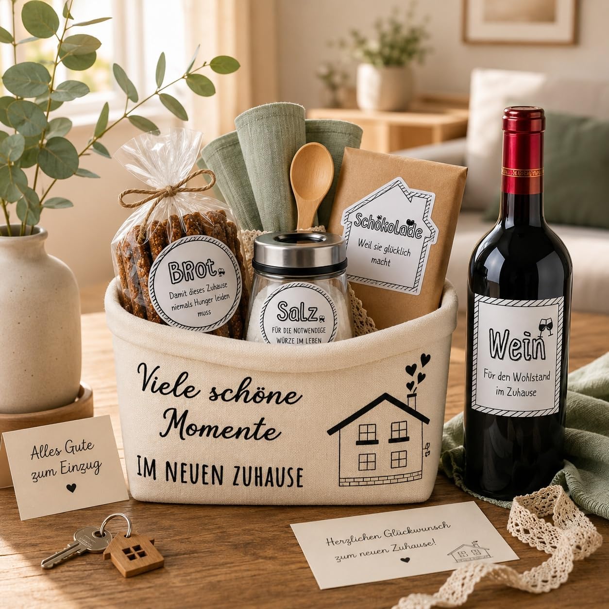 Housewarming Gift - Bread and Salt Set Housewarming Gift for Home & Apartment with Bread Basket, Tea Towel, Cooking Spoon & Sticker Including Greeting Card - Housewarming Gift for Topping Out Many – Bild 3