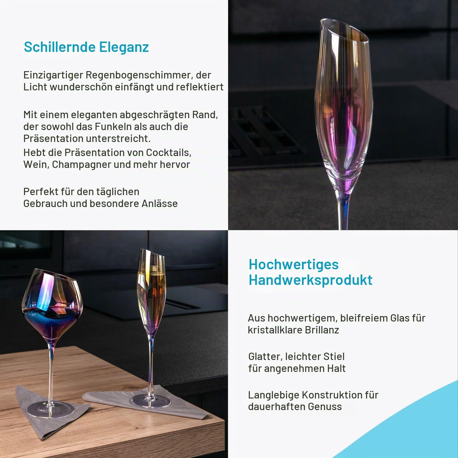 INTIRILIFE 2 x Champagne Glass with Modern Edge and Rainbow Shimmer – 150 ml Capacity – Champagne Prosecco Glass Dishwasher Safe Crystal Glass Shockproof – Bild 5