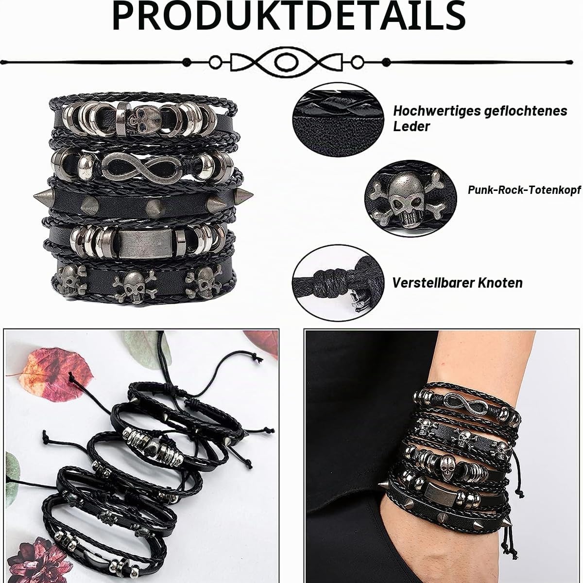 Pack of 5 Black Leather Bracelet Men's Braided Wide Bracelets, Punk Braided Bracelet for Men Braided Cuff Wrap Set, Rock Skull Gothic Decoration Adjustable – Bild 2