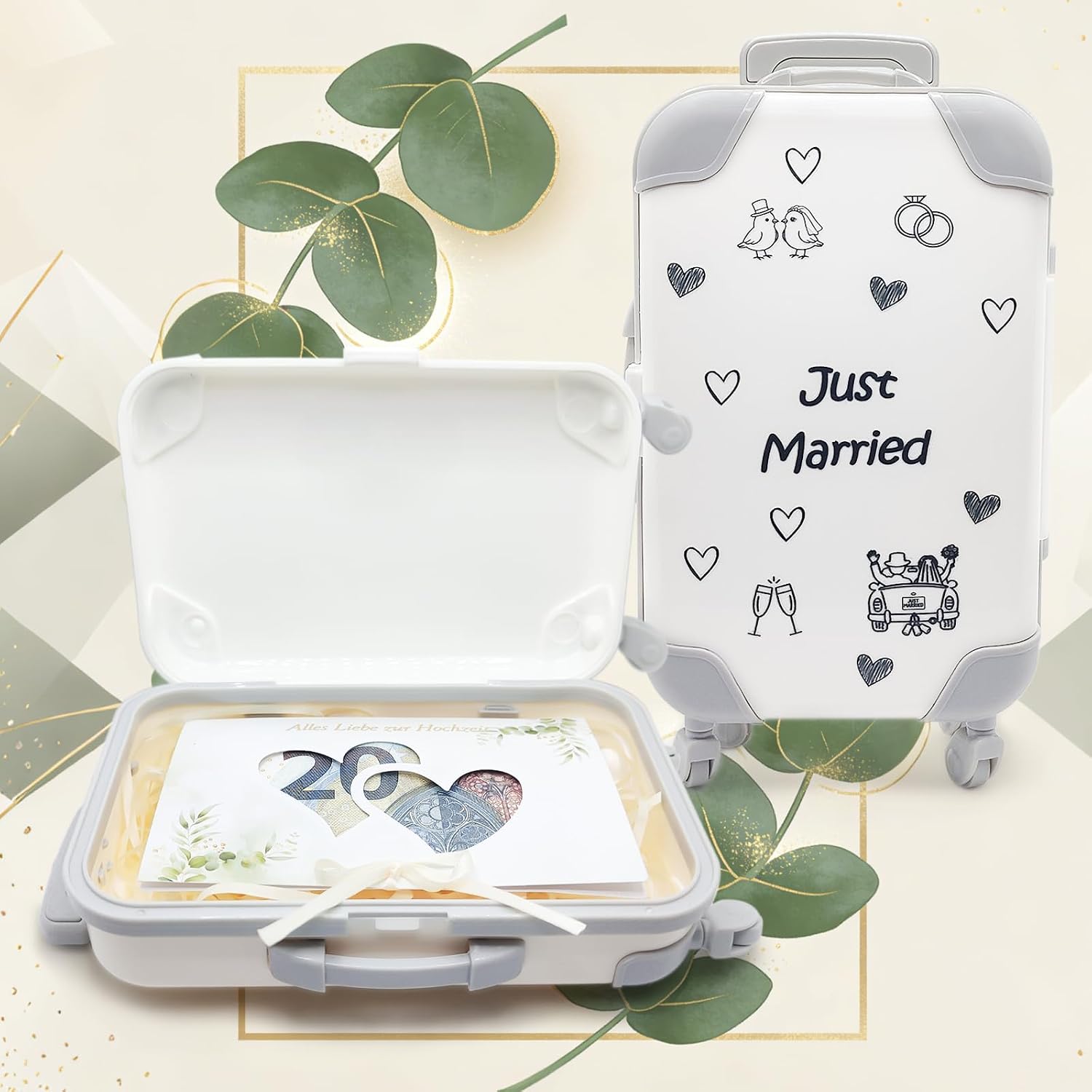 Dumeher Money Gift Wedding Trolley Suitcase Money Case "Just Married" Wedding Gifts for Bride and Groom Money Gifts Packaging with Gift Box and Money Wedding Card – Bild 4
