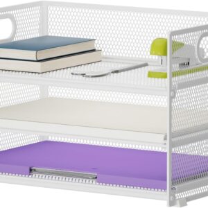 Marbrasse Desk Organiser, File Holder, 3 Levels Paper Letter Tray with Handle, Mesh Storage Compartments for Office, Supplies, Document Tray (White)