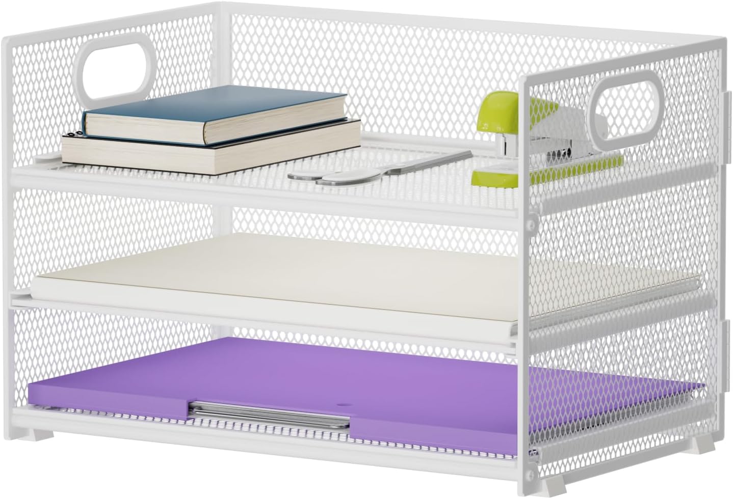 Marbrasse Desk Organiser, File Holder, 3 Levels Paper Letter Tray with Handle, Mesh Storage Compartments for Office, Supplies, Document Tray (White)