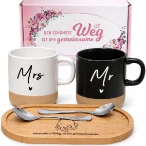 LOZACHE Gifts for Couples Mr & Mrs Mugs Set with Wooden Tray & Spoons