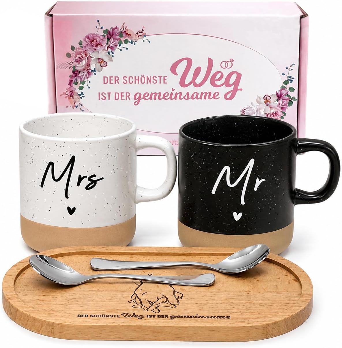 LOZACHE Gifts for Couples Mr & Mrs Mugs Set with Wooden Tray & Spoons
