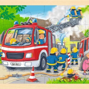 goki 57318 – Wooden Fire Brigade Insert Puzzle – 24-Piece Children’s Puzzle with Emergency Vehicle, Approx. 30 cm Wide, from 3 Years