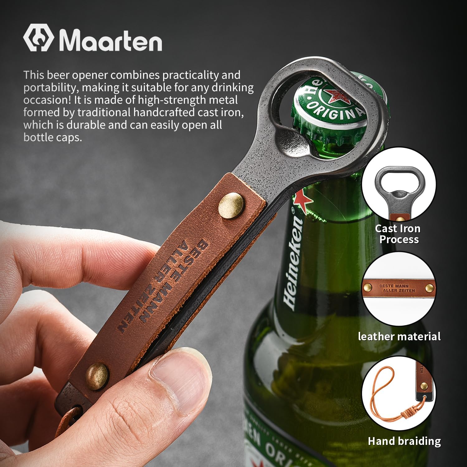 Maarten Christmas Gifts for Men, Personalised Gifts for Men, Retro Bottle Opener with Handwoven Cord and Leather, Best Birthday Gift Men Gifts for Dad – Bild 3
